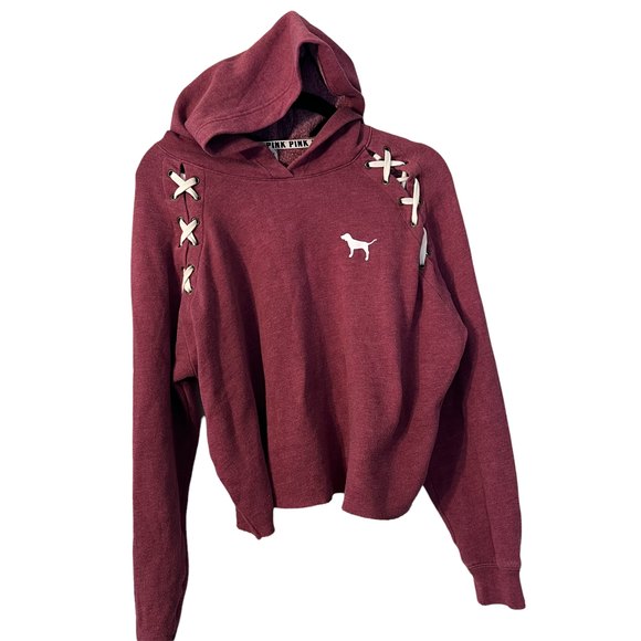 PINK Victoria's Secret Tops - Victoria's Secret PINK Burgundy Crop Sweater Pullover Lace Up Size Medium